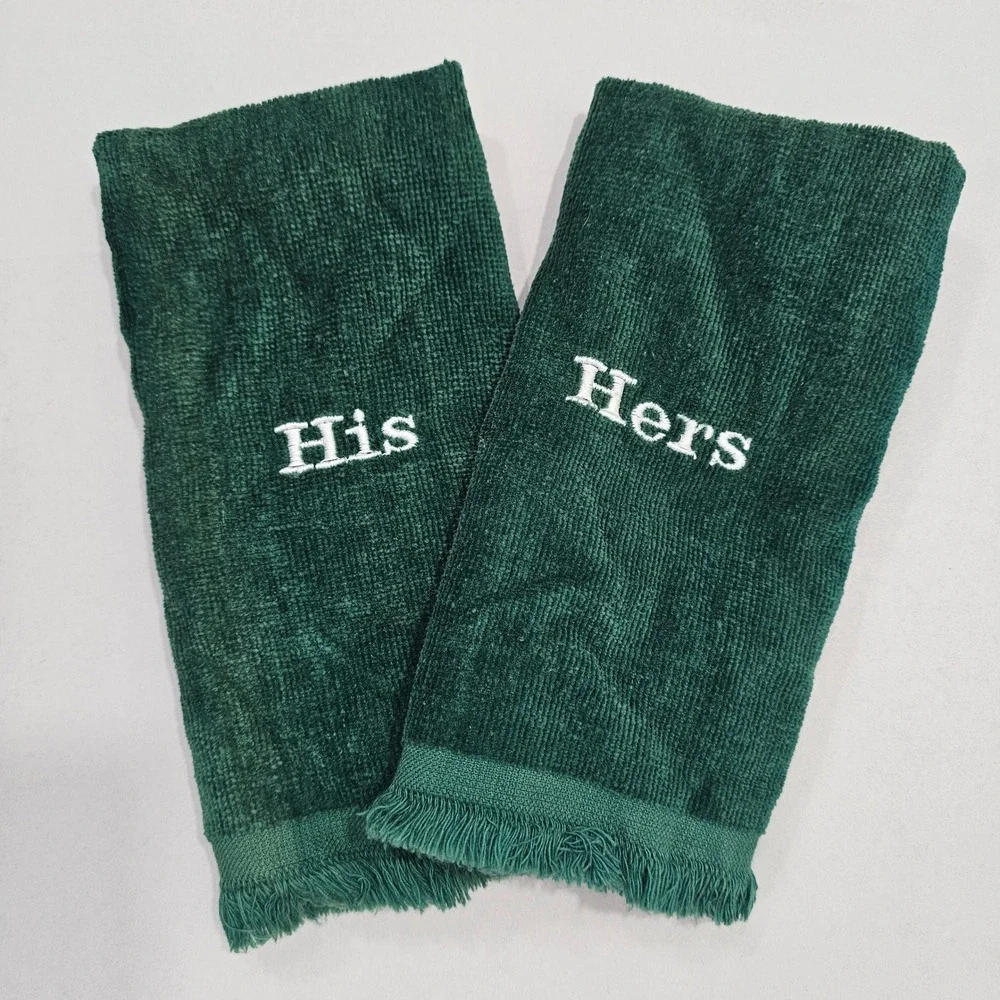 Franco VTG Hand Towel Set OS Green His and Hers Embroidered Fringed‎ Cotton